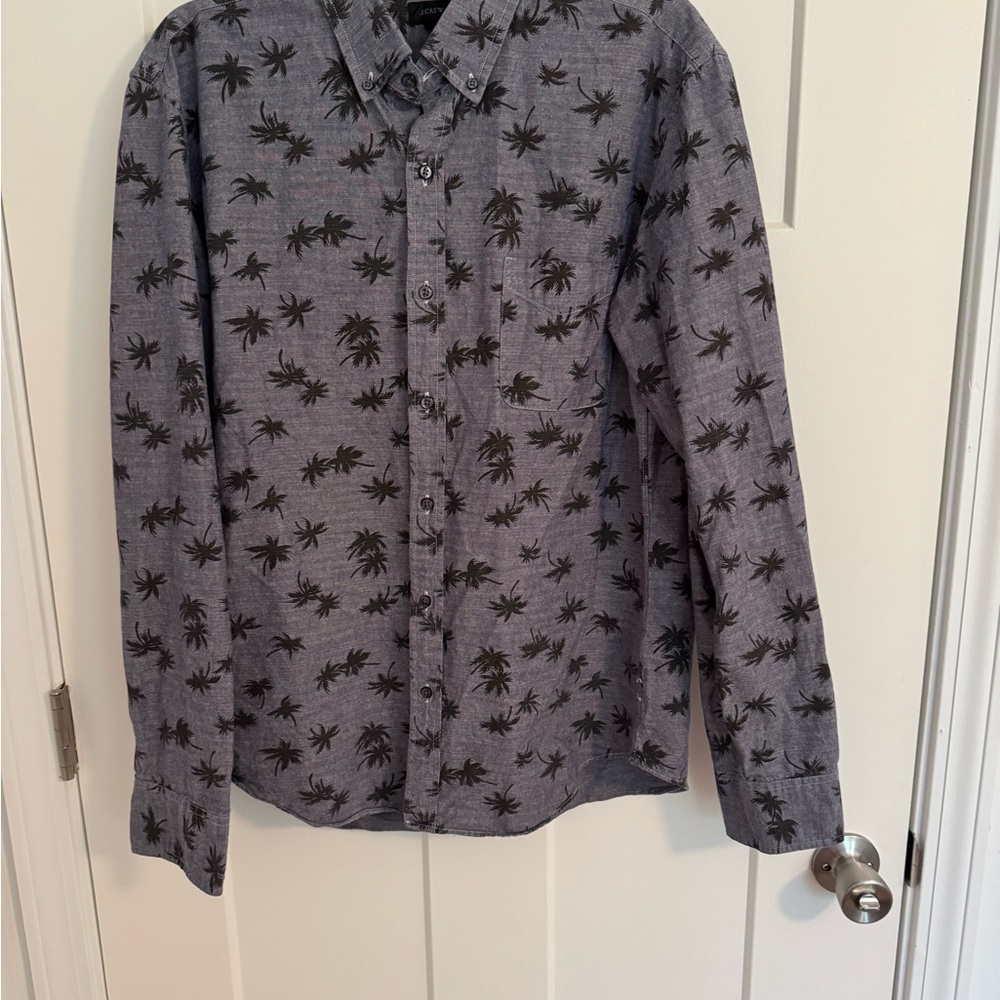 J. Crew Gray and Black Casual Button Down Shirt with Palm Tree Print